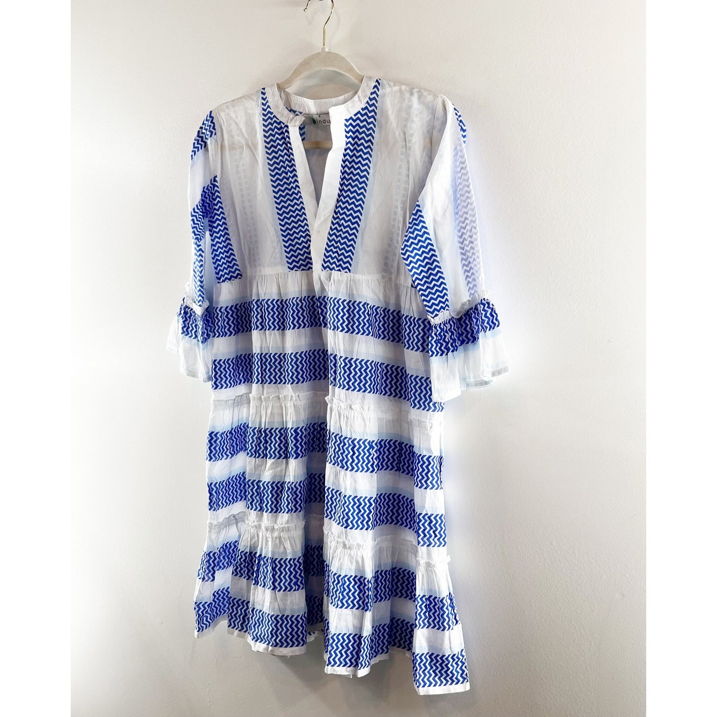 Bindu Elbow Length Sleeve Striped Ruffle Hem Mini Dress White Blue Small