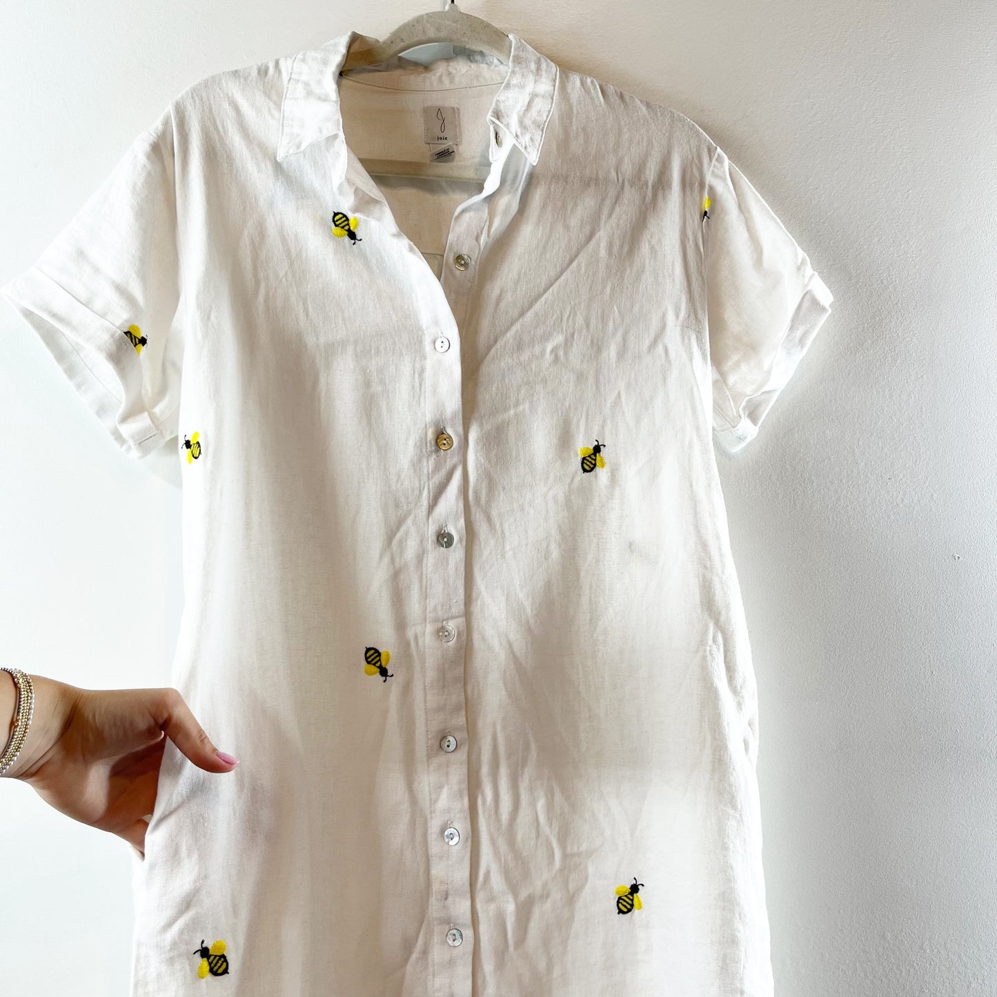 Joie Short Sleeve Button Up Embroidered Bumble Bee Print Shirt Dress White Small