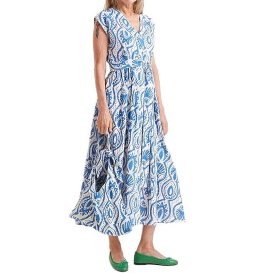 Compania Fantastica Aquaria Printed Midi Sleeveless Shirt Dress Blue White Large