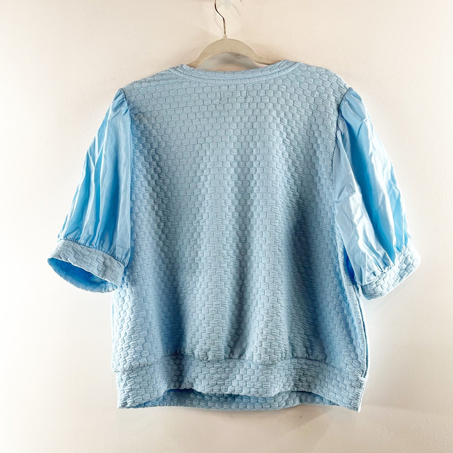Porridge Antropologie Textured Short Puff Sleeve Top Blouse Light Blue XL