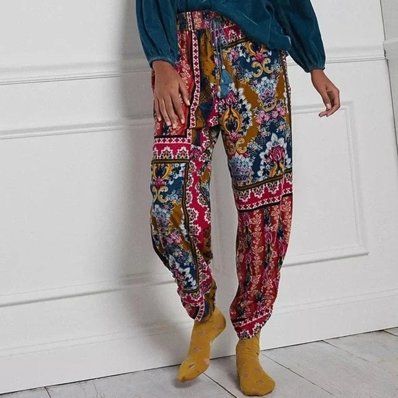 Anthropoologie Zadie Velvet High Rise Patchwork Jogger Harem Pants Pink Multi XS