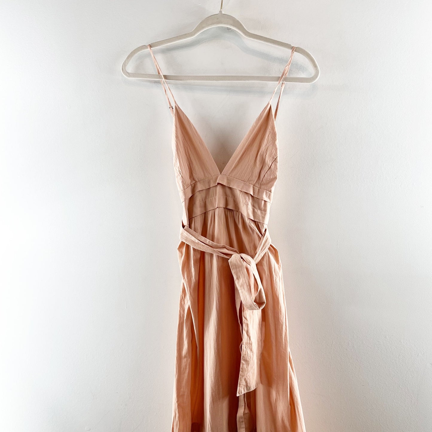 Pampelone Chloe V Neck Tiered Belted Cotton Maxi Dress Blush XS