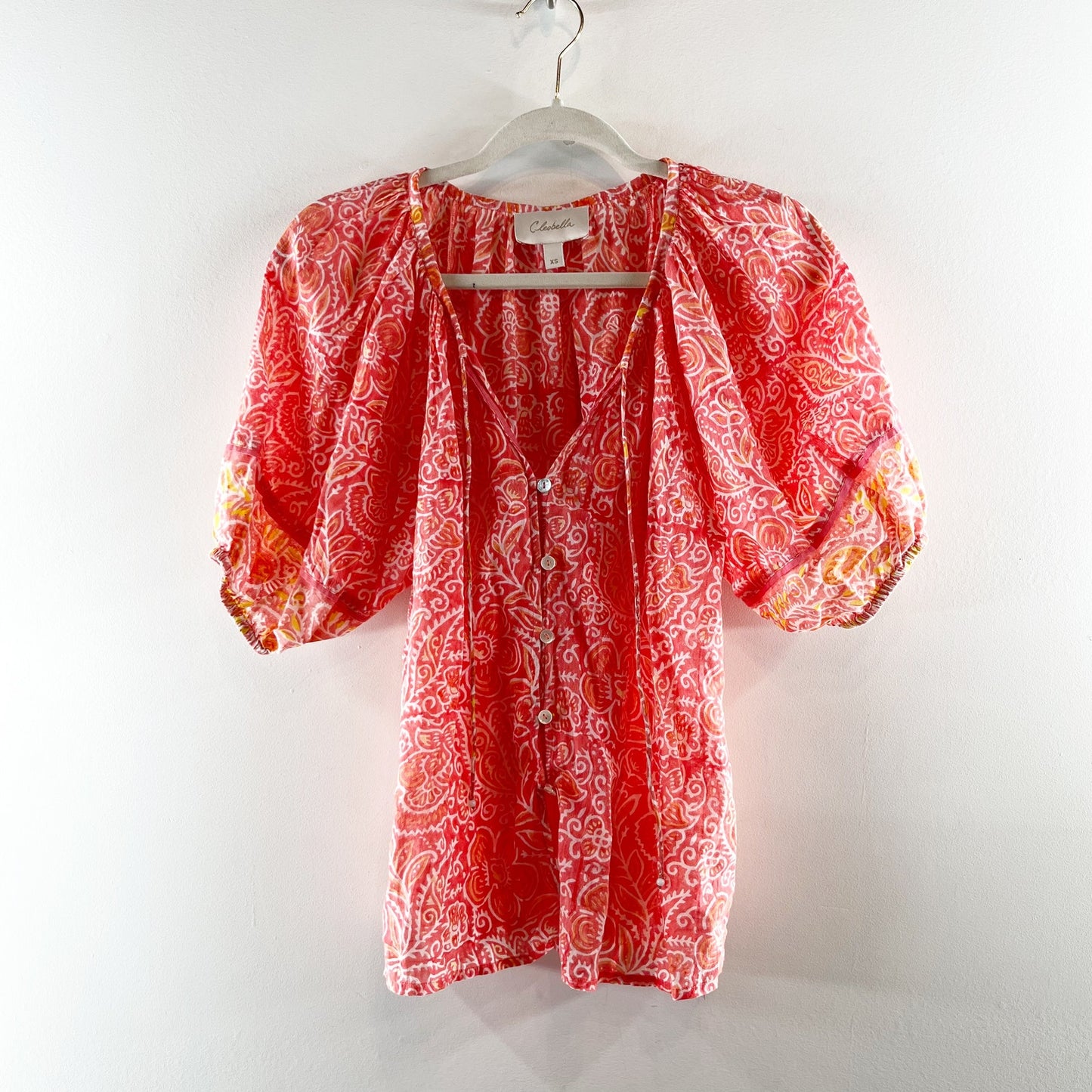Cleobella Layla Short Puff Sleeve Button Front Tassel Drawstring Blouse Orange