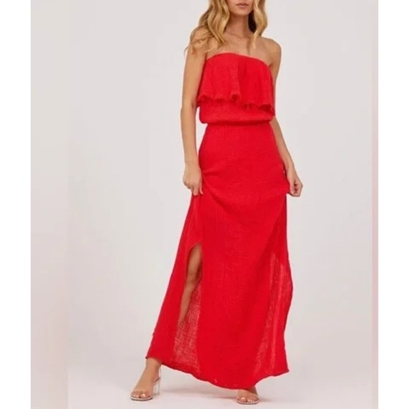 Michael Stars 100% Cotton Double Gauze Ruffle Tara Tube Maxi Dress Salsa Red XS