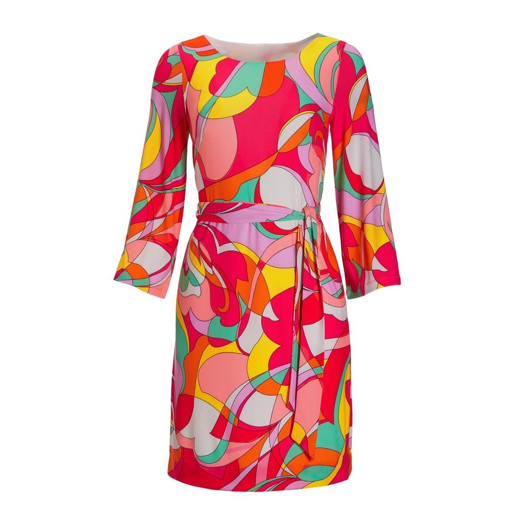 Boston Proper Colorful Abstract Swirled Print Belted Mini Dress Red Pink Large