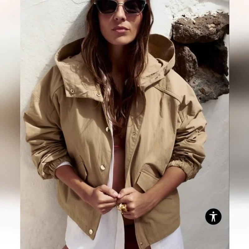 ZARA Hooded Cropped Trench Technical Jacket Tan Beige XS