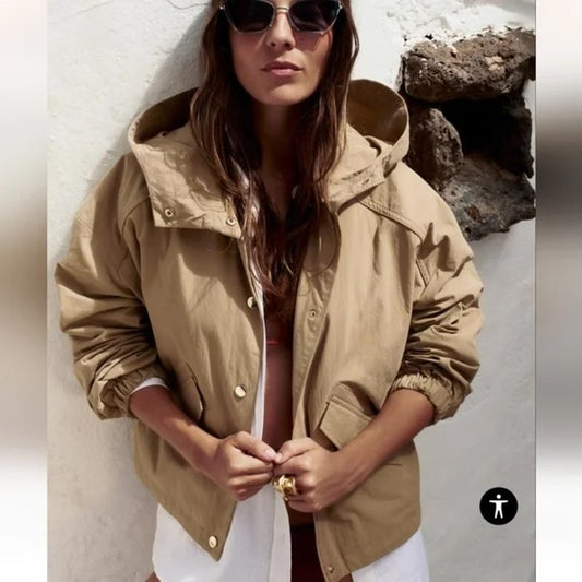 ZARA Hooded Cropped Trench Technical Jacket Tan Beige XS