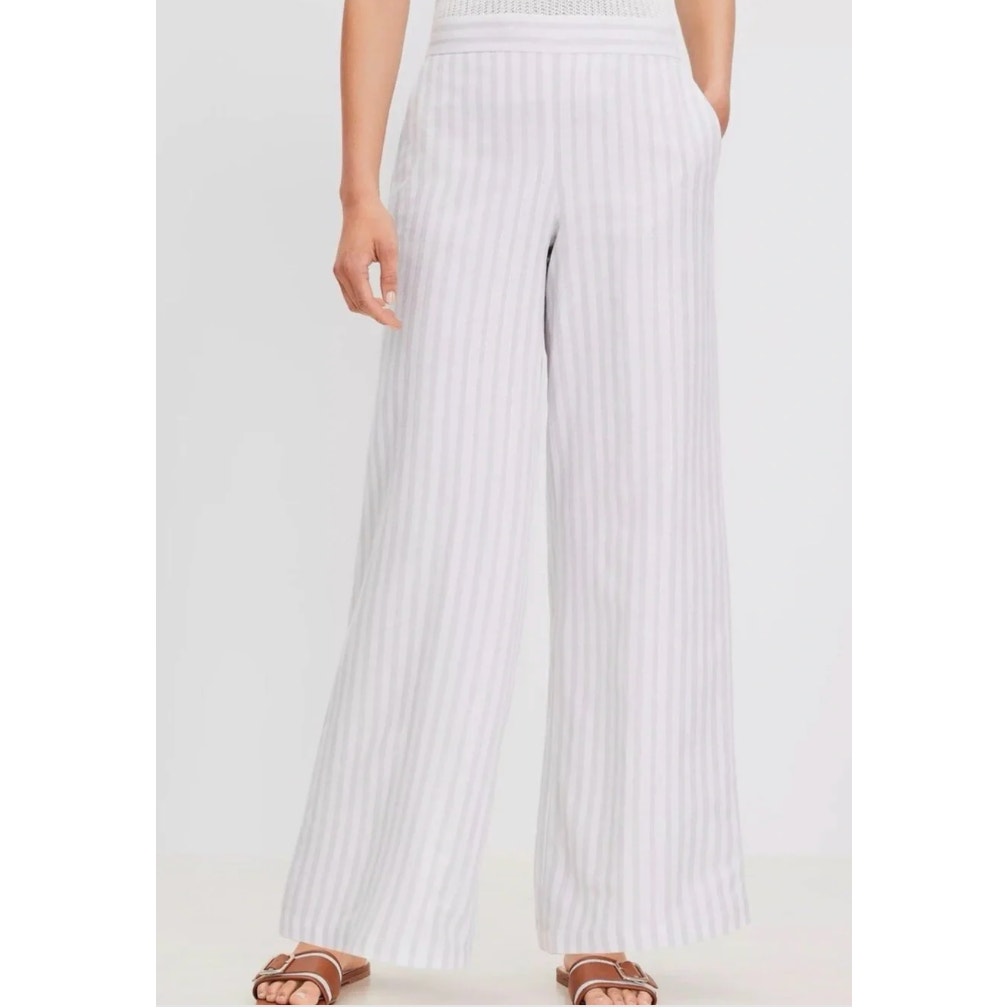 LOFT Linen Blend High Rise Wide Leg Striped Pants Cream Tan Beige Medium