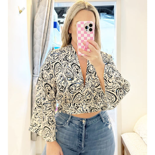 ZARA Bell Sleeve V Neck Cropped Paisley Blouse Top White Blue Small