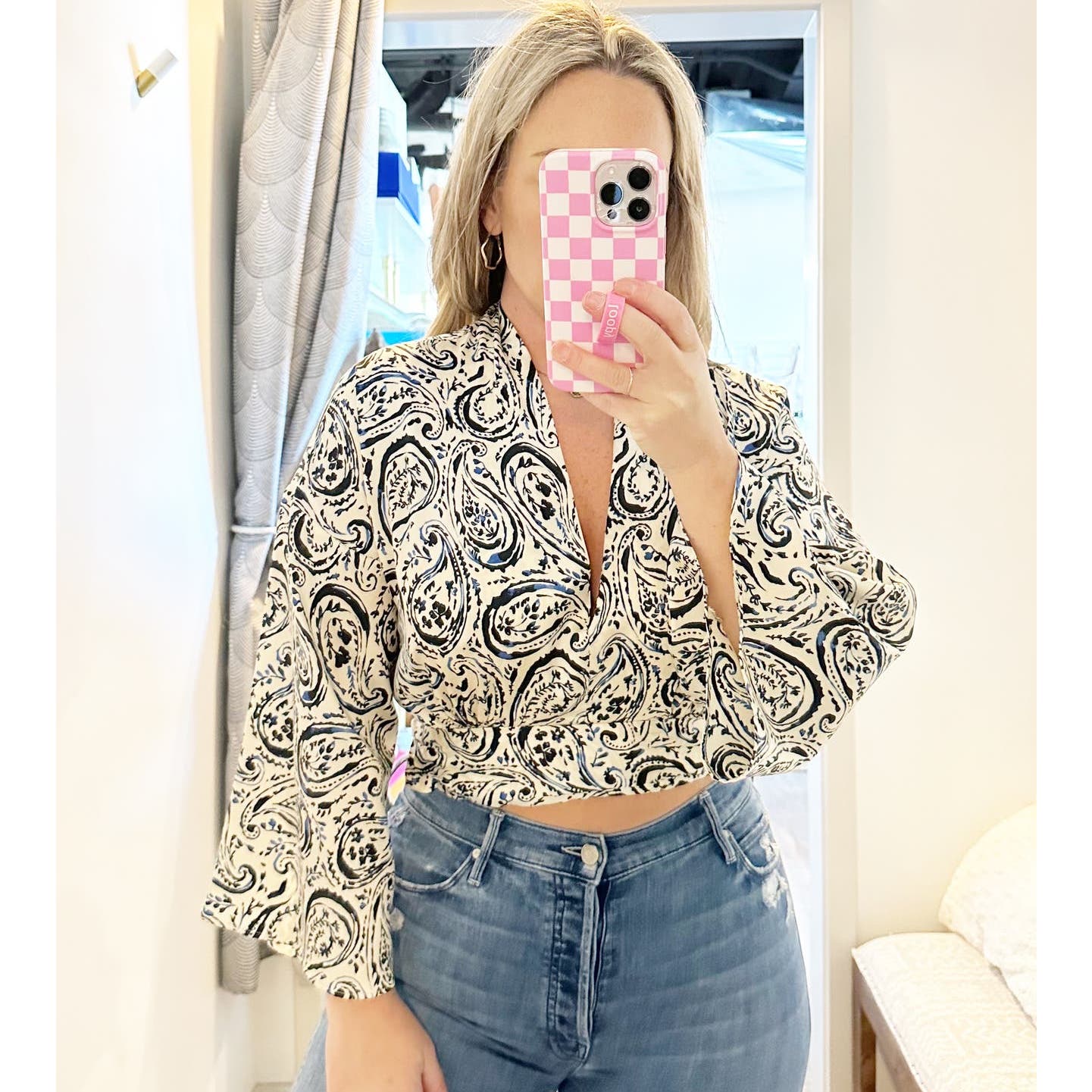 ZARA Bell Sleeve V Neck Cropped Paisley Blouse Top White Blue Small