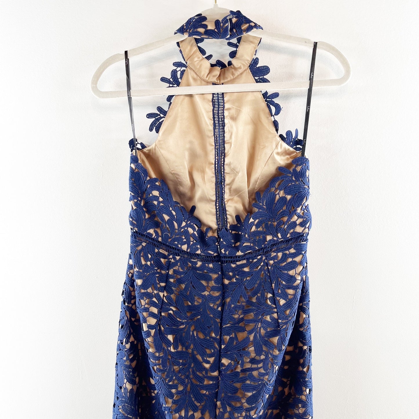 Lulus Divine Destiny Halter High Neck Lined Lace Midi Dress Navy Blue Medium