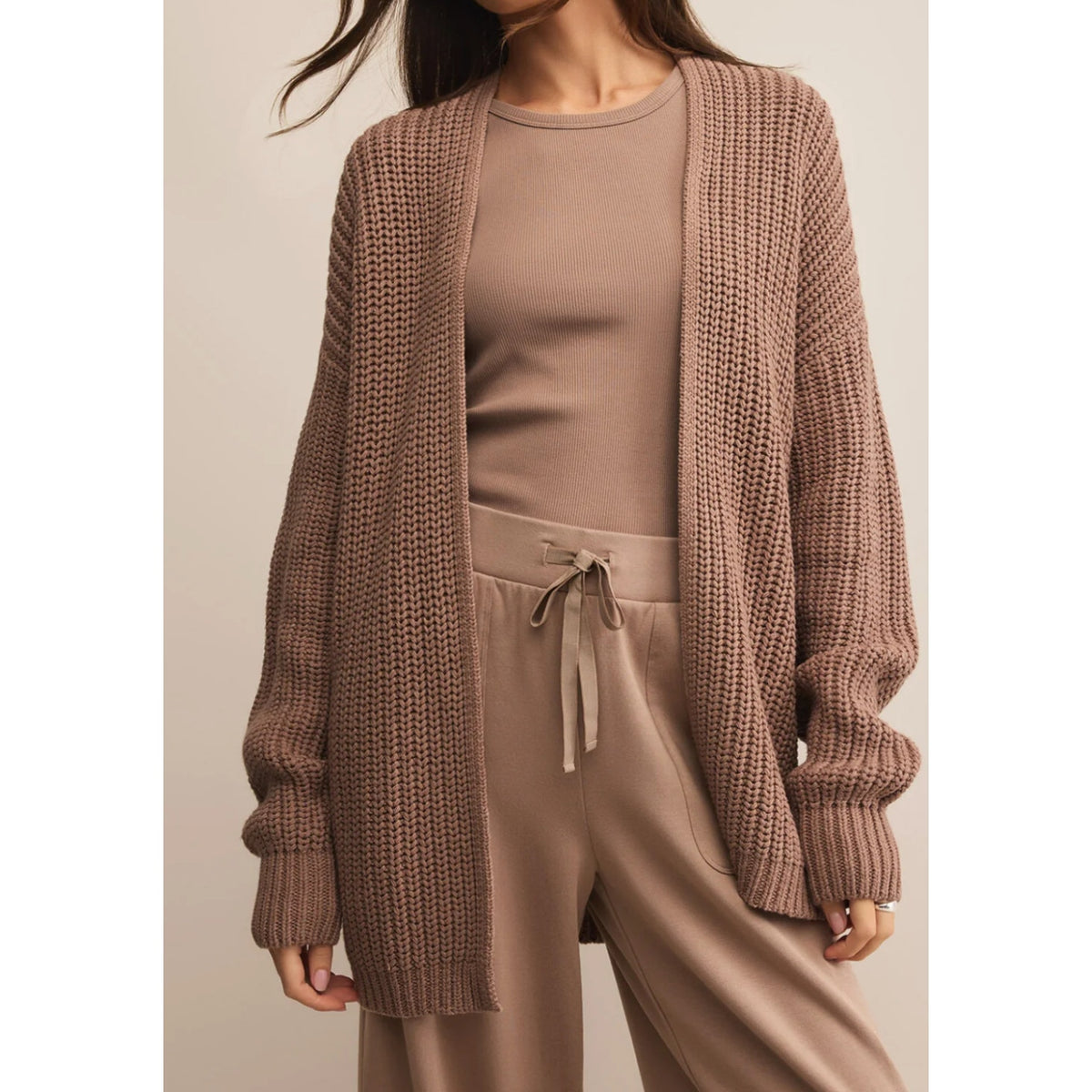 Z Supply Sutton Rib Open Long Sleeve Duster Cardigan Sweater Desert Taupe Brown