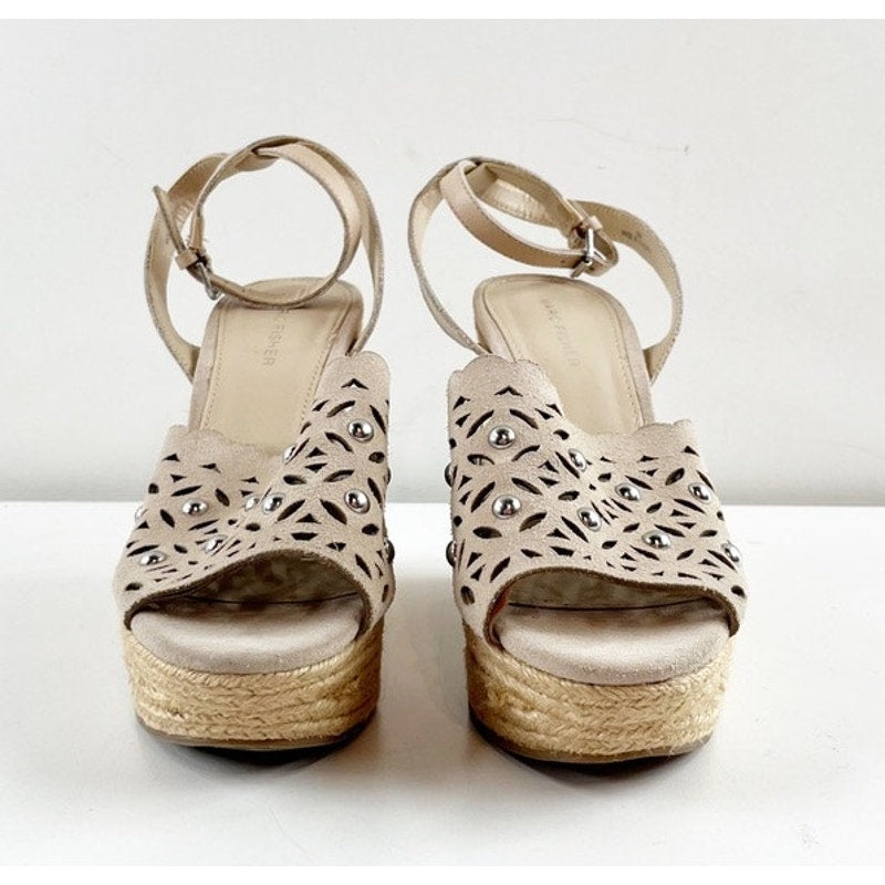 Marc Fisher Hata Laser Cut Studded Espadrille Wedge Sandals Heels Tan Beige 8