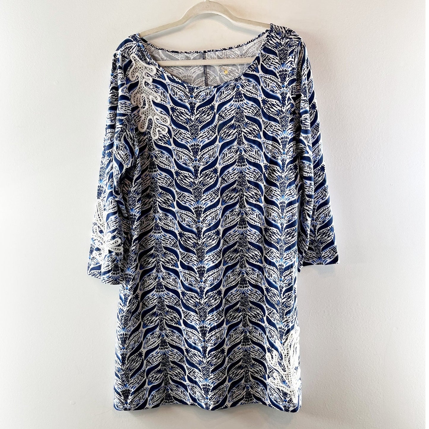 Lilly Pulitzer Marlowe 3/4 Sleeve Coral Print Tee Shirt Mini Dress Navy Blue XL