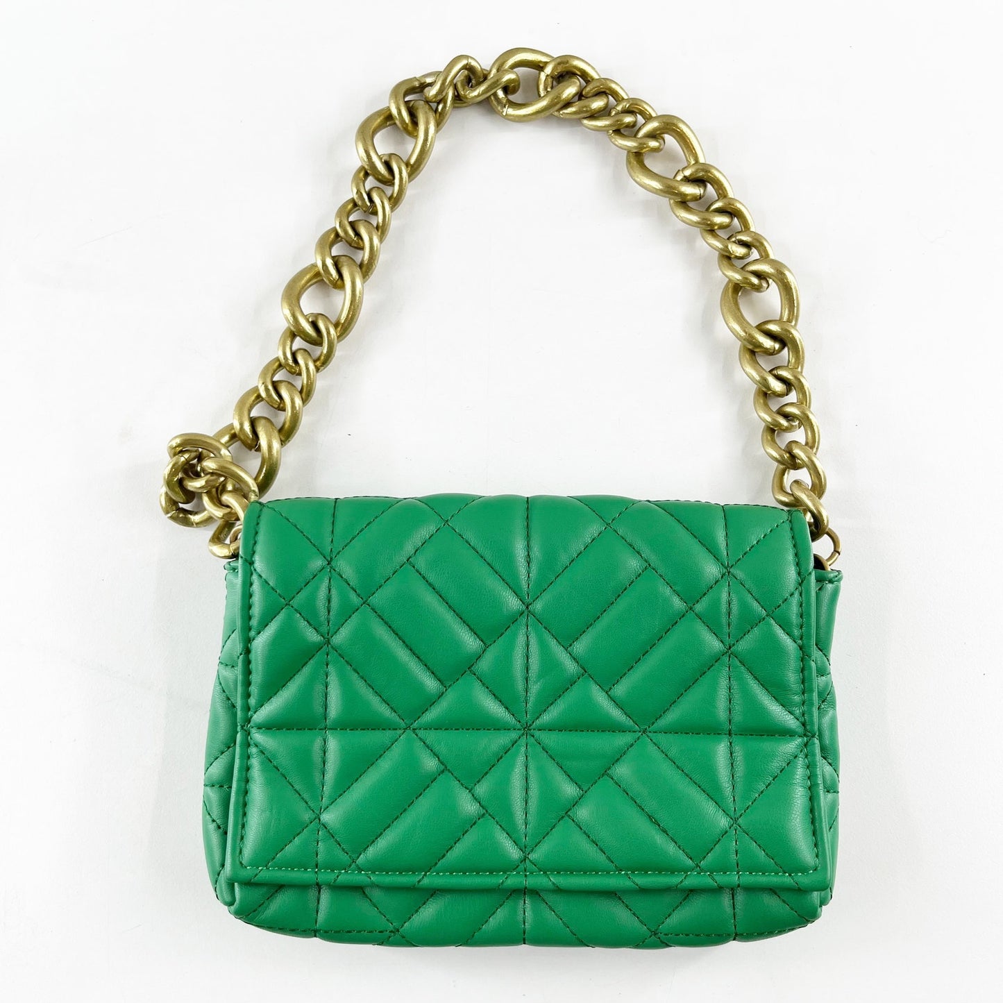 ZARA Quilted Flap Gold Chain Strap City Purse Bag Emerald Green