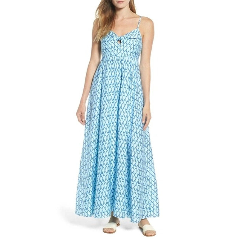 Vineyard Vines Lattice Print Tie Front Cutout Maxi Dress Blue 8