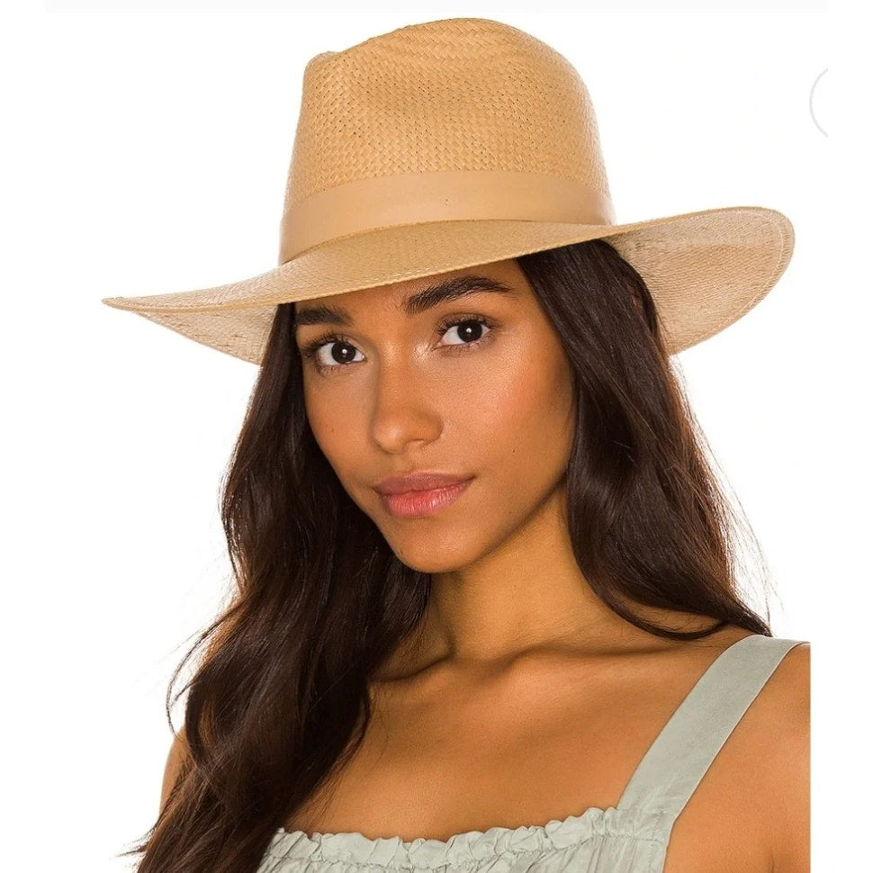 Janessa Leone Simone Woven Packable Straw Fedora Sun Hat Sand Beige Tan Small