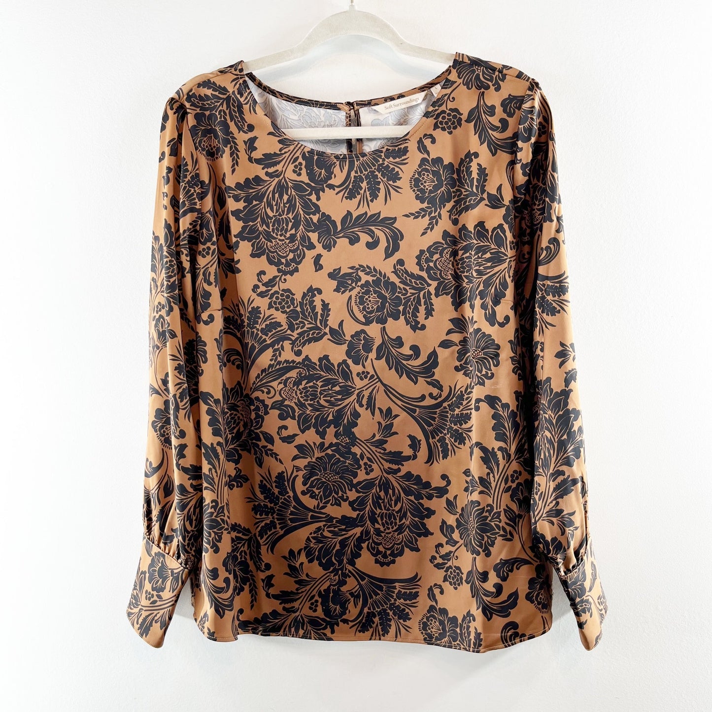 Soft Surroundings Long Sleeve Satin Paisley Blouse Top Brown Black Large