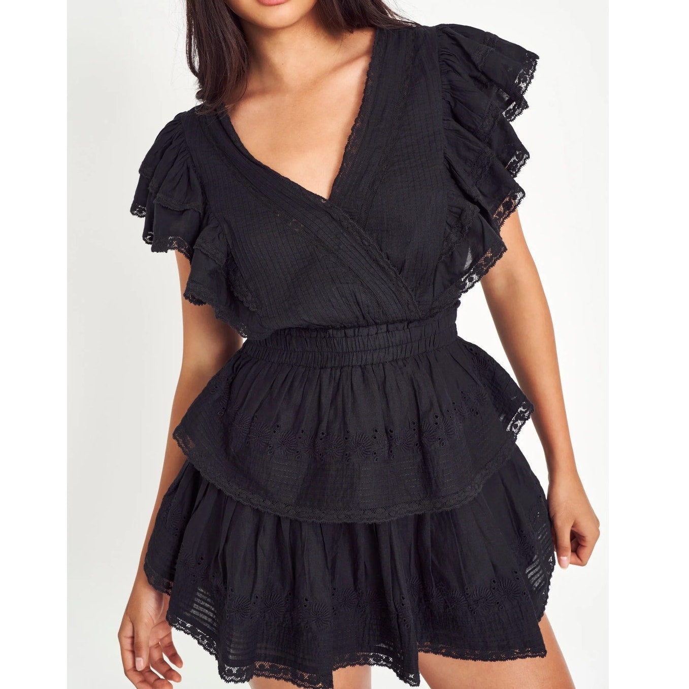 LoveShackFancy Gwen Heritage Ruffle Lace Mini Dress Black XS