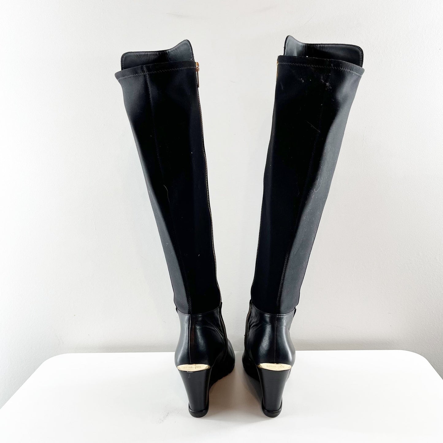 Michael Kors Knee High Leather Bromley Wedge Riding Boots Black 8