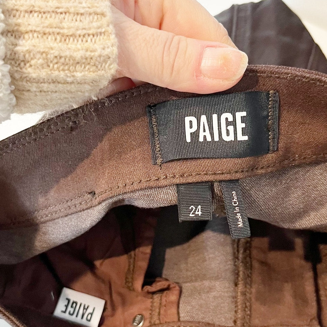 Paige Anessa High Rise Wide Leg Coated Cropped Pants Chocolate Brown 24