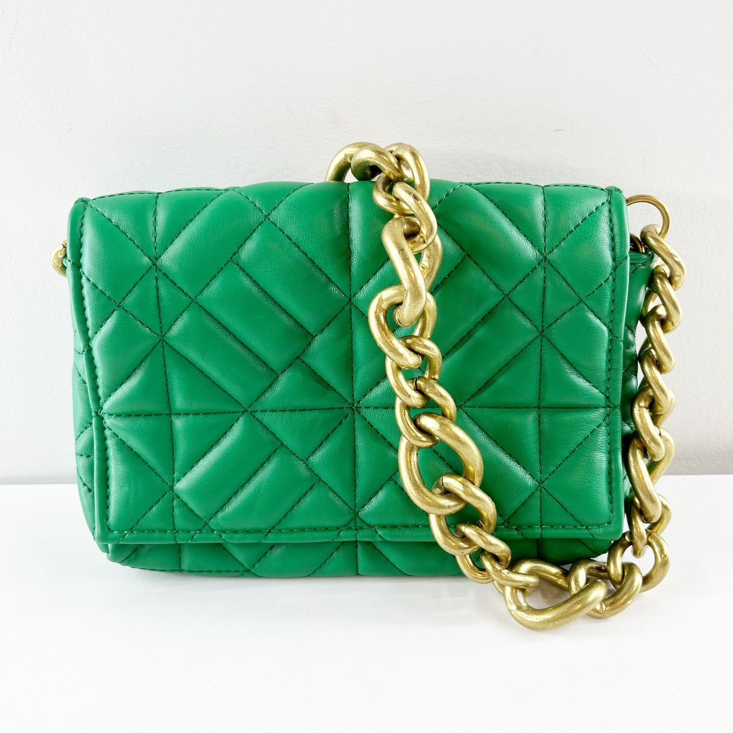 ZARA Quilted Flap Gold Chain Strap City Purse Bag Emerald Green