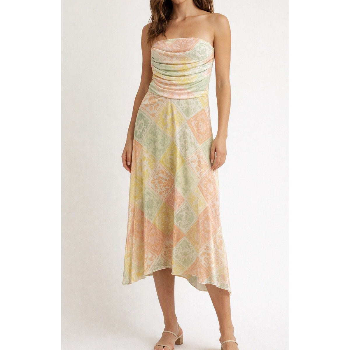 See you Monday Strapless Patchwork Asymmetrical Hem Midi Dress Green Yellow