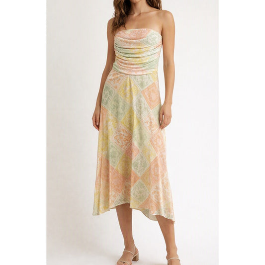 See you Monday Strapless Patchwork Asymmetrical Hem Midi Dress Green Yellow