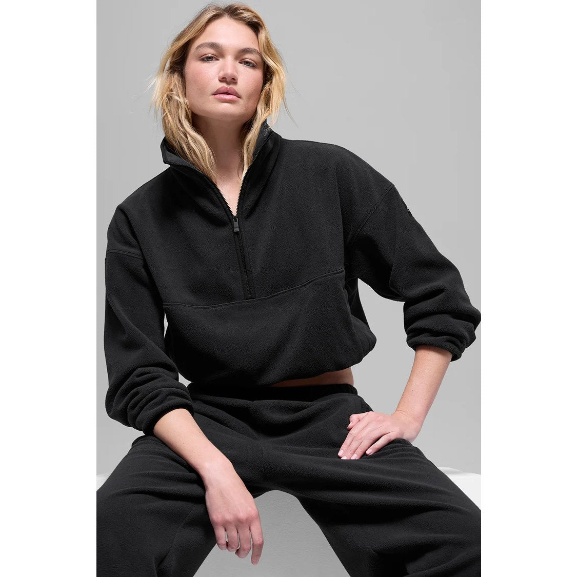 Alo Polar Fleece Retreat Cover Up Pullover 1/2 Zip Jacket Black Small