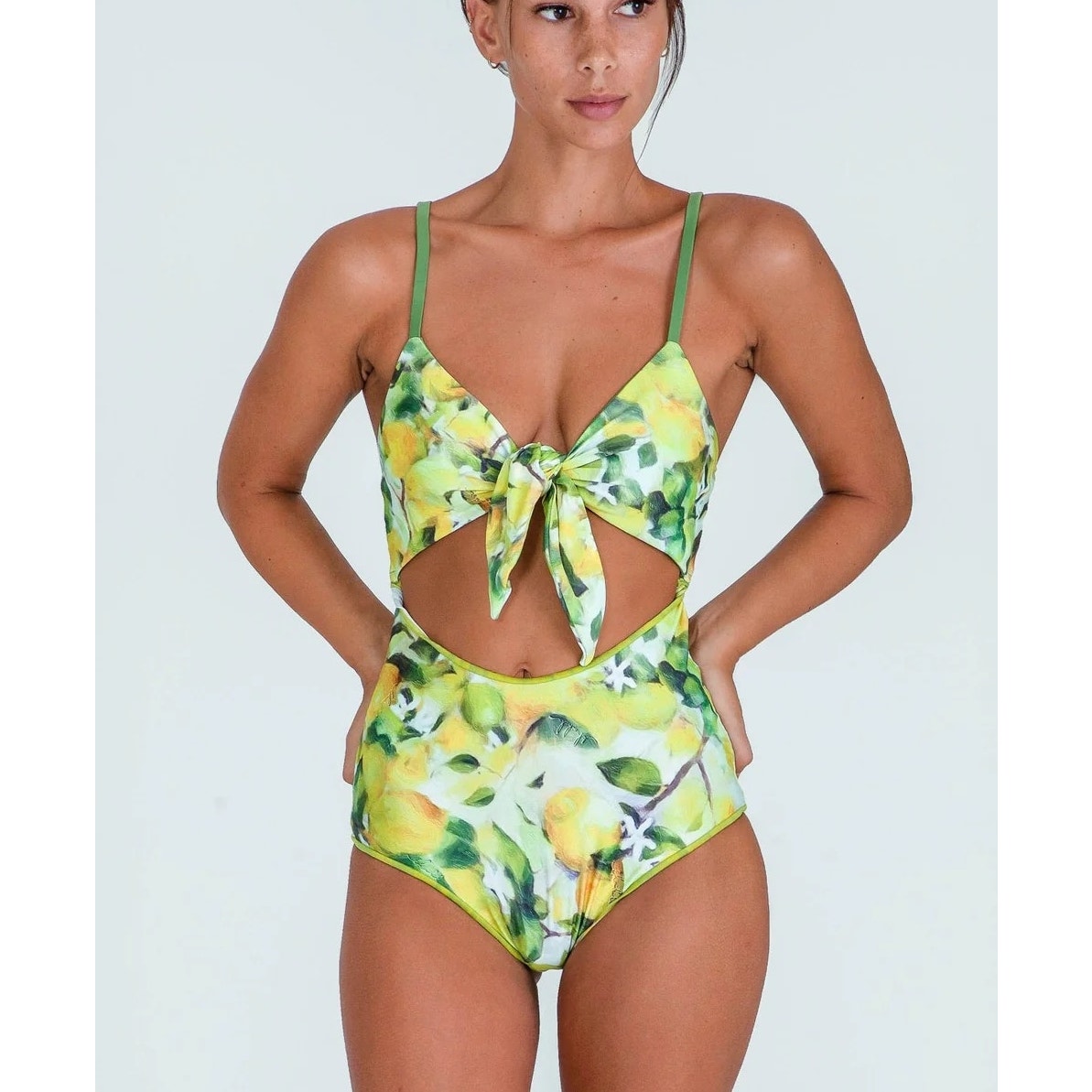 Lemon Print Cutout Strappy Back One Piece Swimsuit Yellow M / L