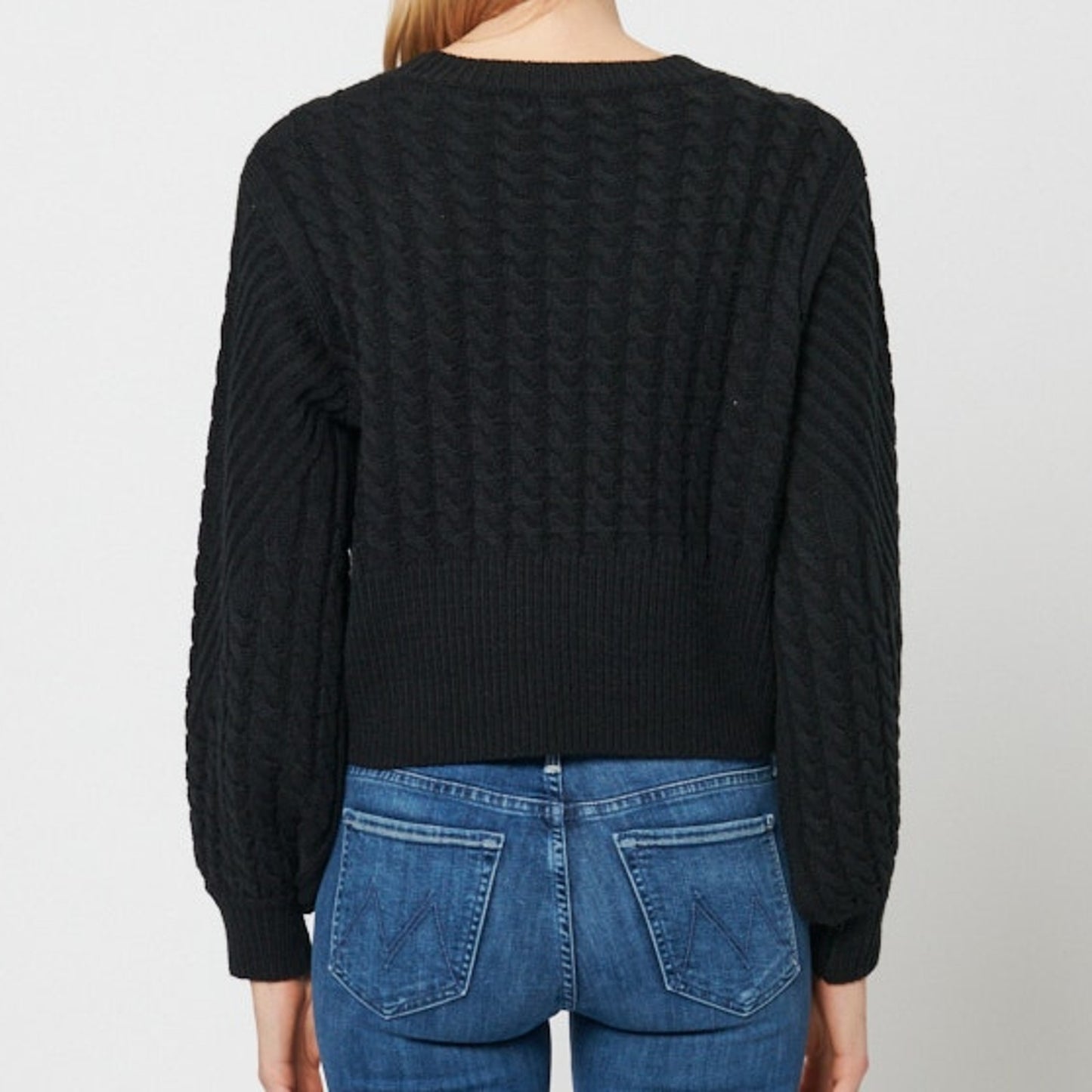 John + Jenn Irving Cotton Blend Long Sleeve Cable Knit Cropped Sweater Black XS