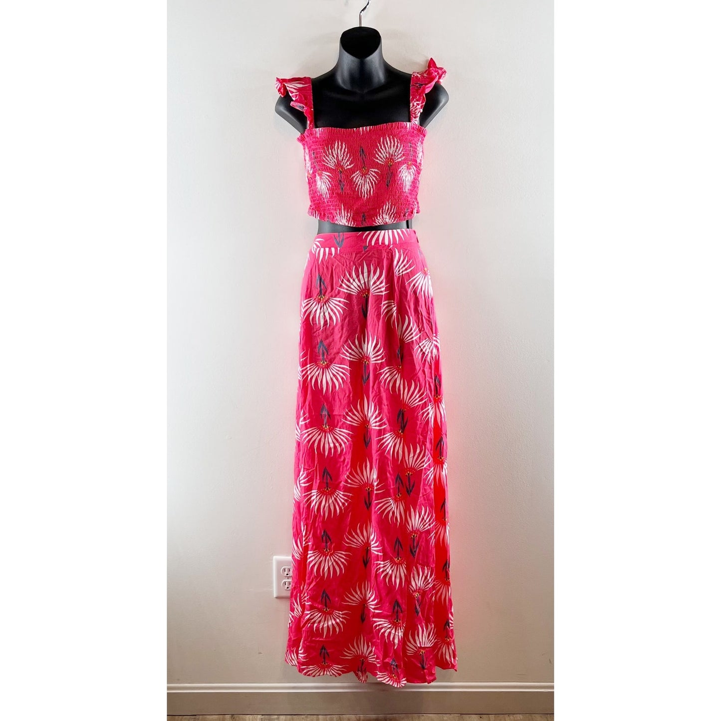 Lulus Trancoso Floral Print Two Piece Matching Set Maxi Dress Coral Pink Medium