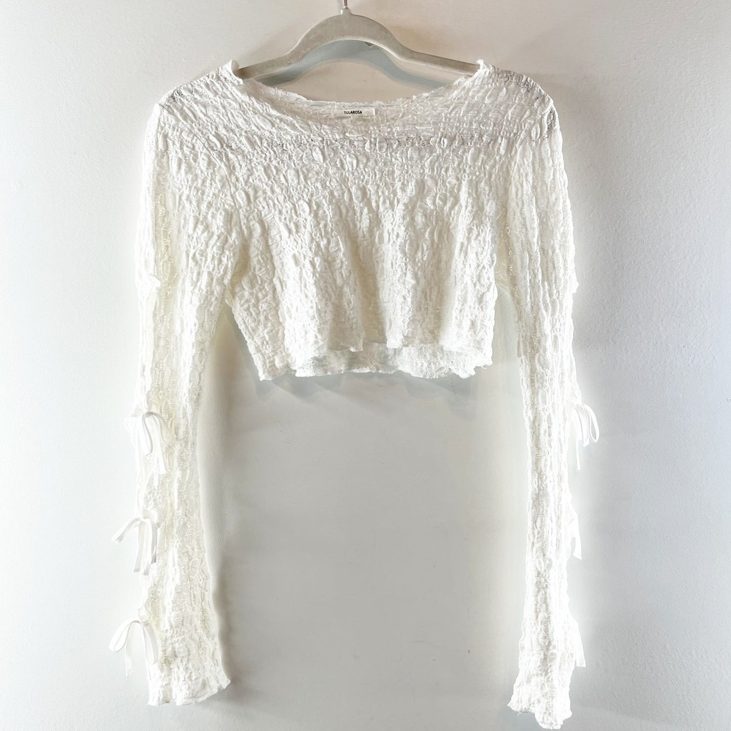 Tularosa Dianne Long Tie Sleeve Cropped Lace Top White XS