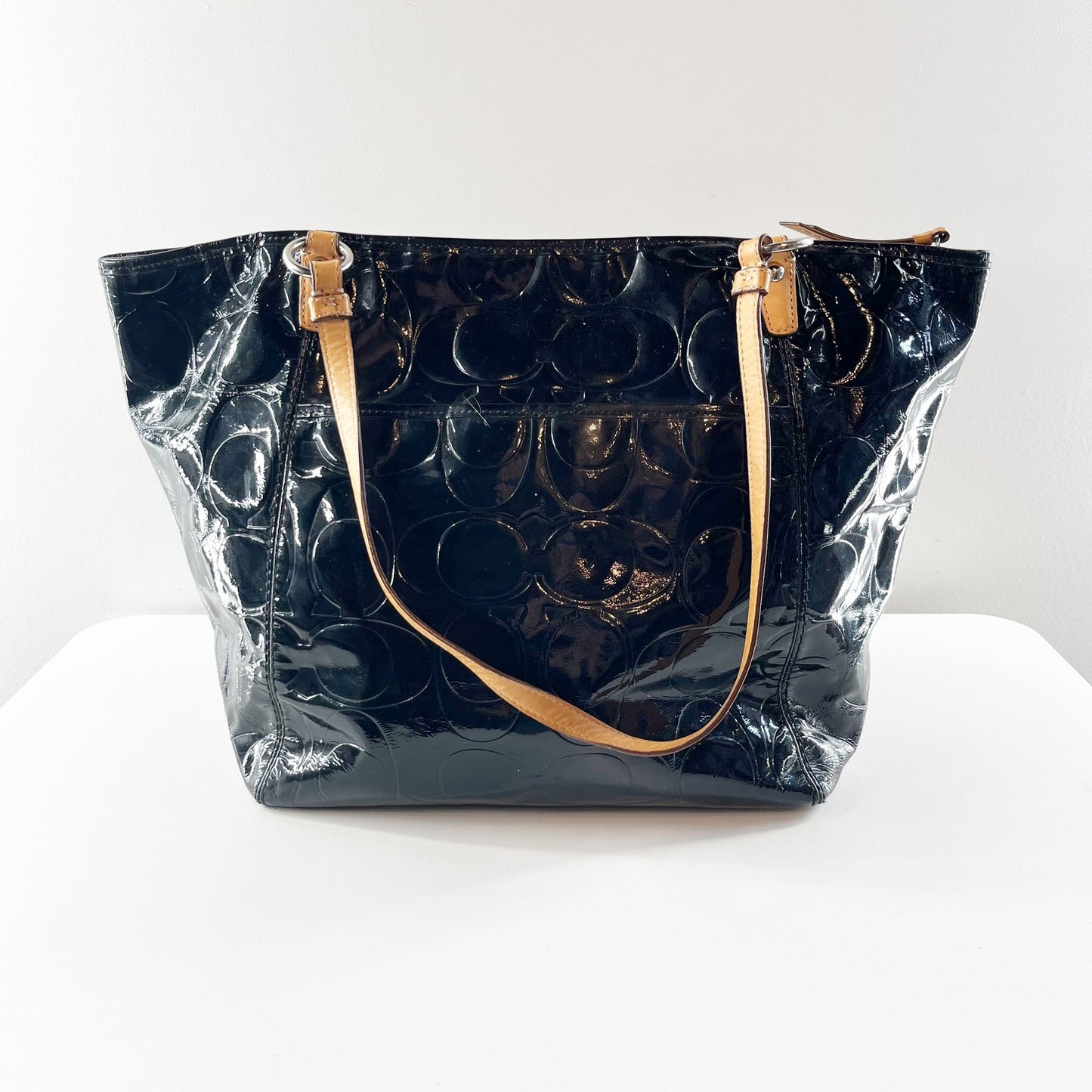 Coach Leah Black Embossed Patent Leather Signature Tote Handbag Purse