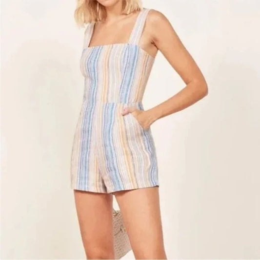 Reformation Island Linen Striped Shorts Romper in Marbella Orange Blue 2