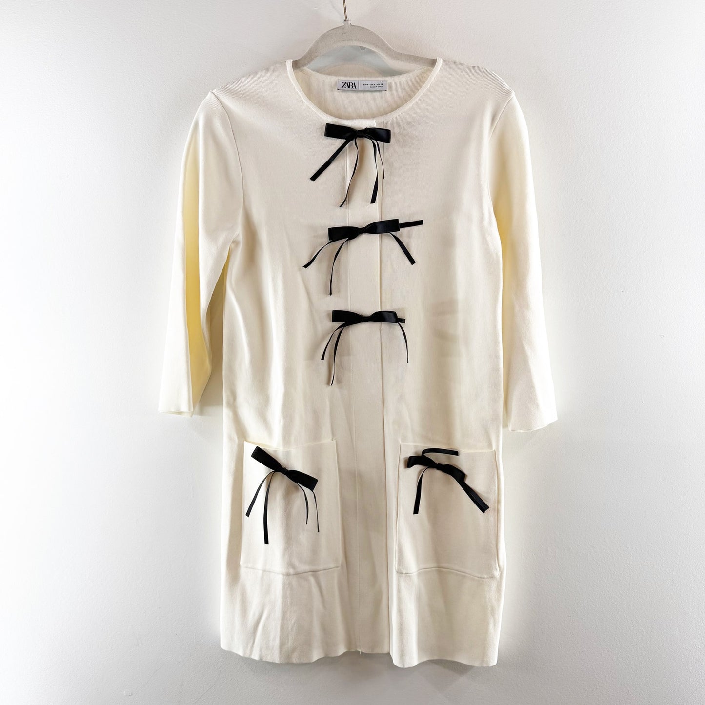 ZARA 3/4 Sleeve Sweater 3D Bows Mini Dress Cream Medium