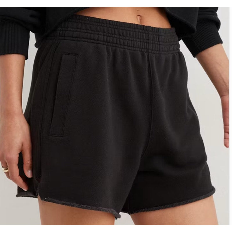 Aerie Pull On Raw Hem Sweat Shorts Black Small