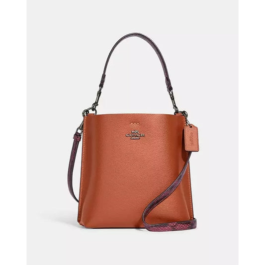 Coach Mollie Bucket Bag 22 burgundy snake-embossed handle Crossbody Saddle Brown