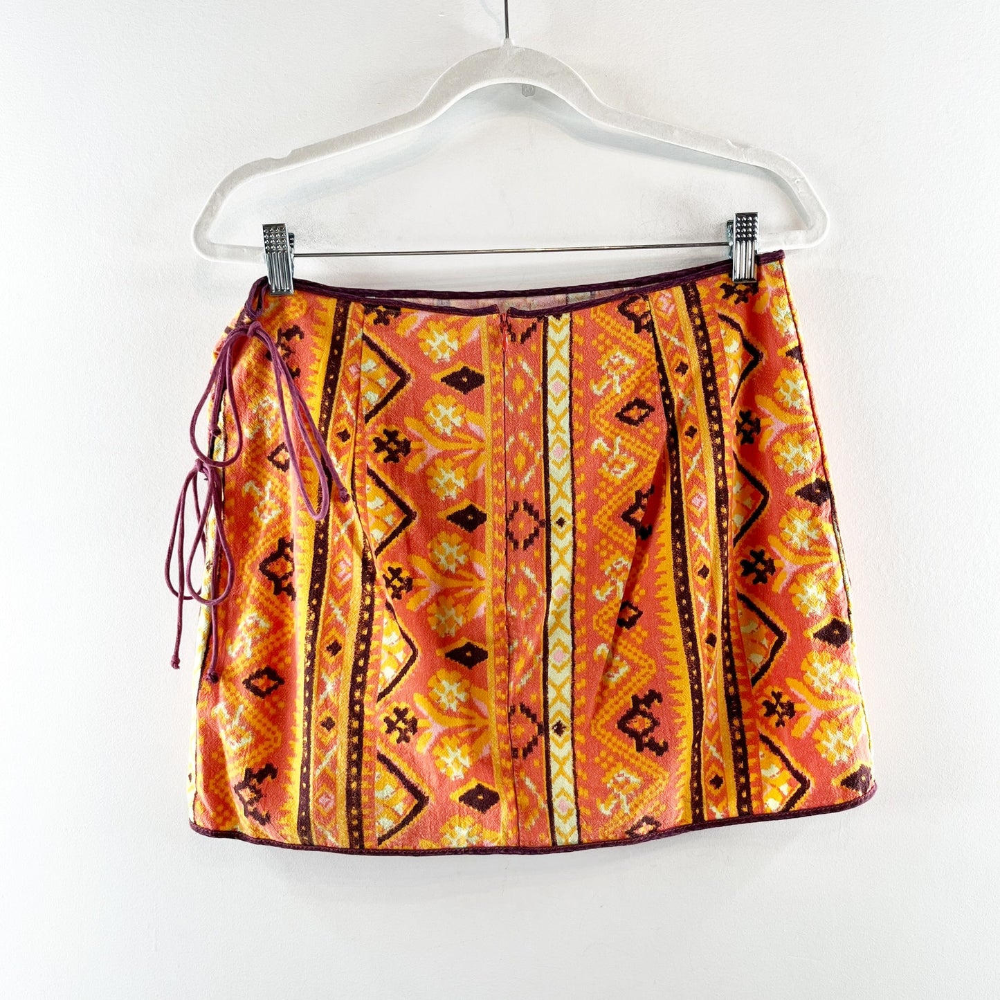 Free People Cleo Printed High Waisted Tie Side Mini Wrap Skirt Orange 8