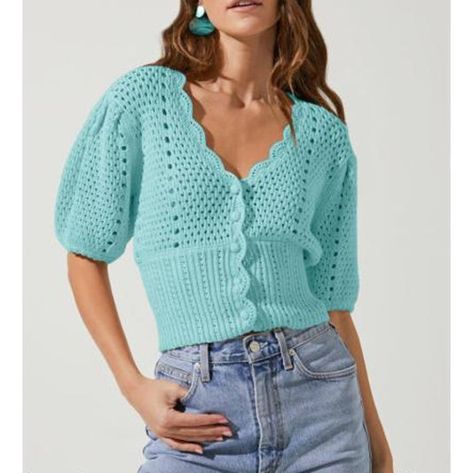 English Factory Puff Sleeve V-Neck Crop Knit Cardigan Sweater Turquoise Medium
