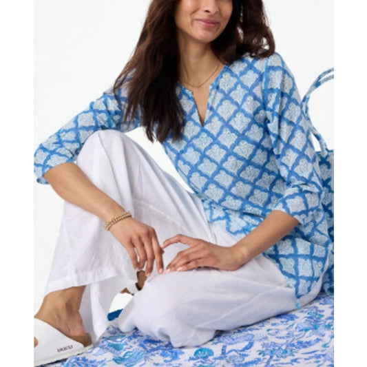 Roller Rabbit Jemina Kurta 3/4 Sleeve Split Neck Tunic Top Blue White Medium