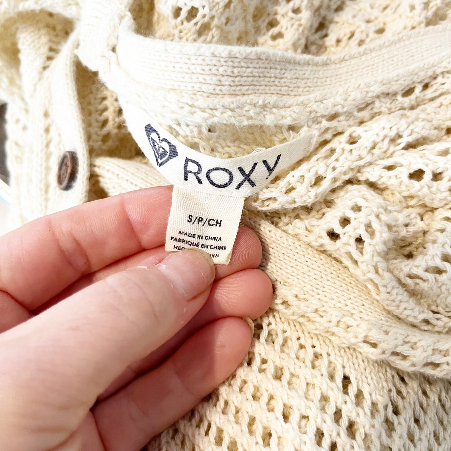 Roxy Turnstone Cotton Crochet Cardigan Sweater Cream Ivory Small