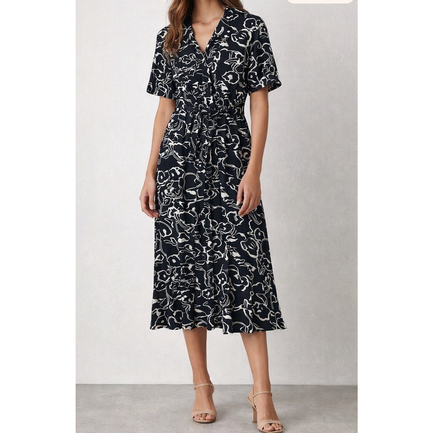 Melloday Floral Short Sleeve Belted Midi Shirt Dress Black White Large