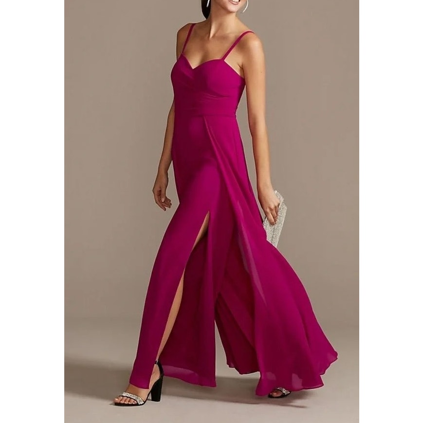 Marina Wide Leg Slit One Piece Jumpsuit With Illusion Skirt Magenta Pink 10