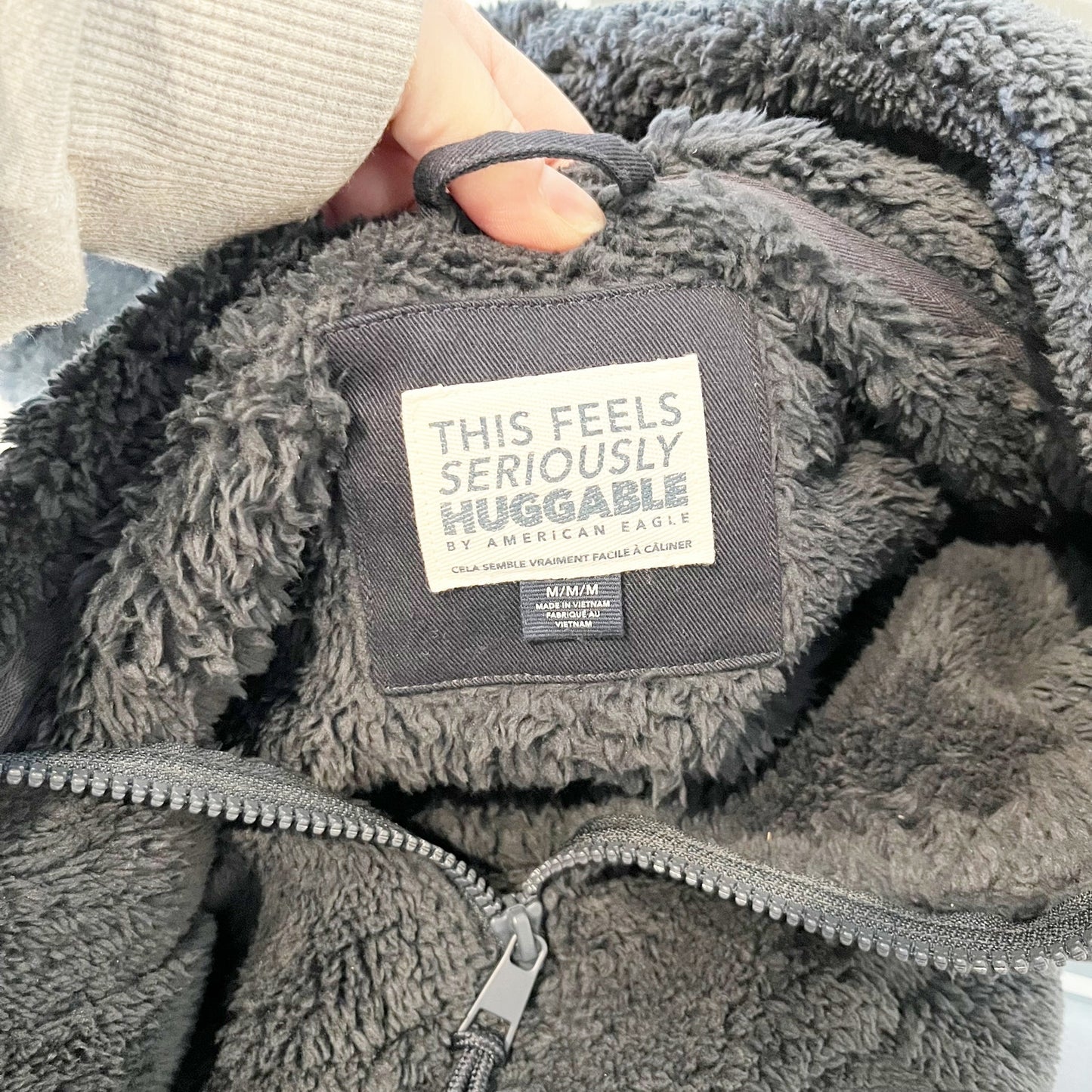 American Eagle Huggable Check Full Zip Sherpa Fleece Jacket Black Medium