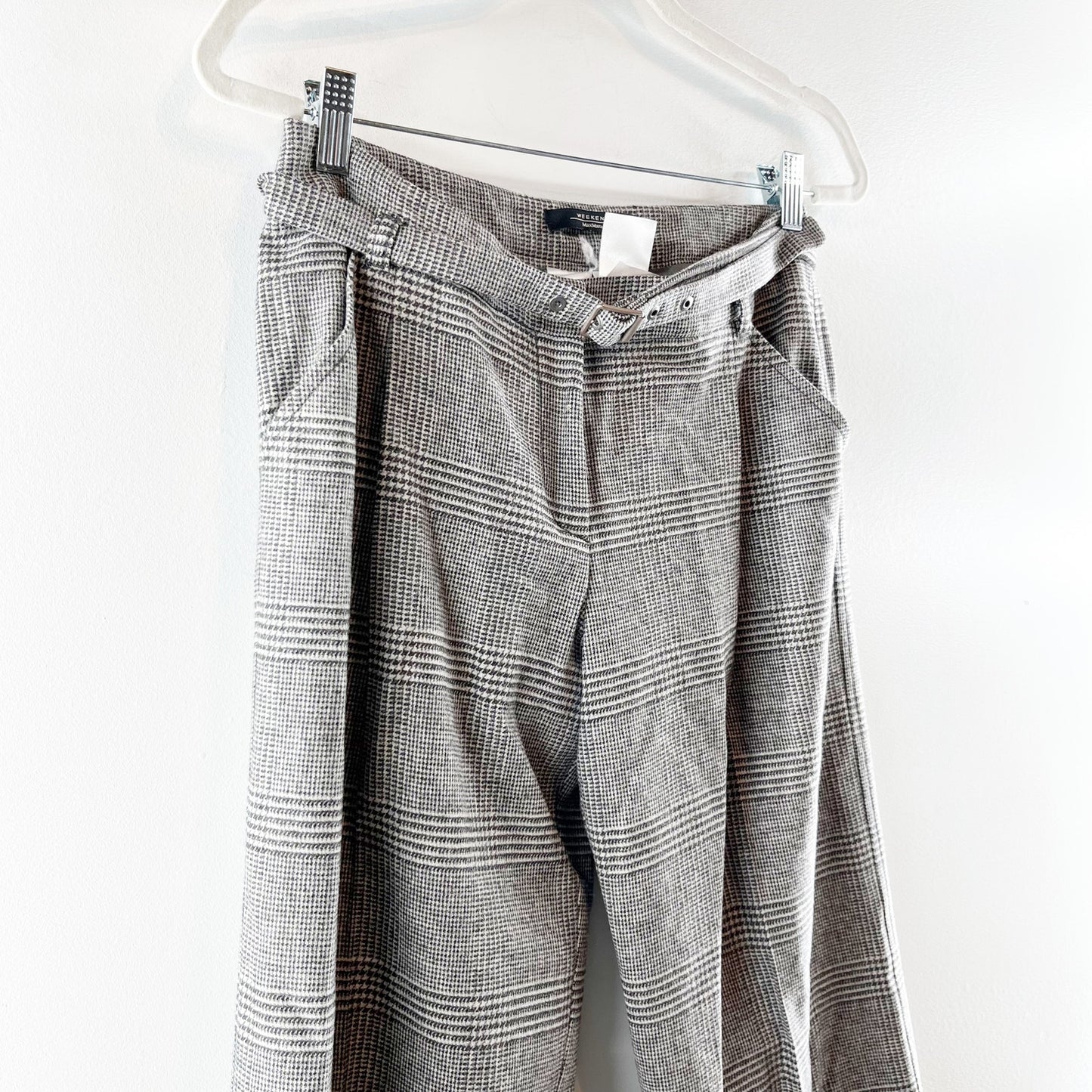 Weekend Max Mara Houndstooth Plaid Mid Rise Wide Leg Trouser Pants Gray US 8