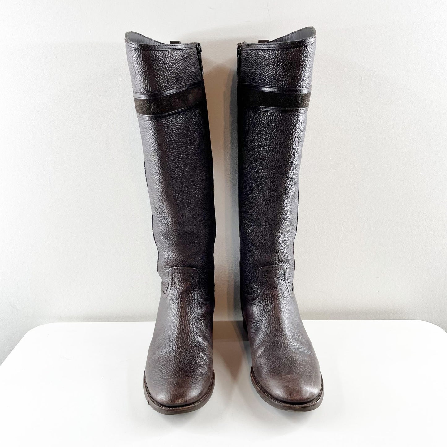 Tory Burch Alaina Pebbled Leather Tall Riding Boots Black Dark Brown 10