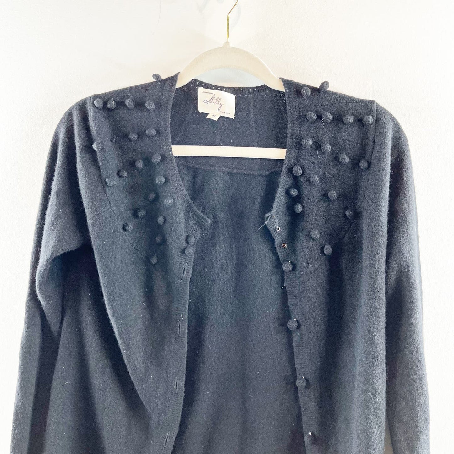 Milly Button Up Long Sleeve Pom Cashmere Cardigan Sweater Black Medium