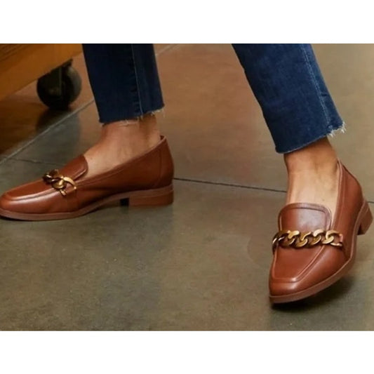 Vionic Mizelle Leather Gold Chain Loafer Shoes Brown 9.5