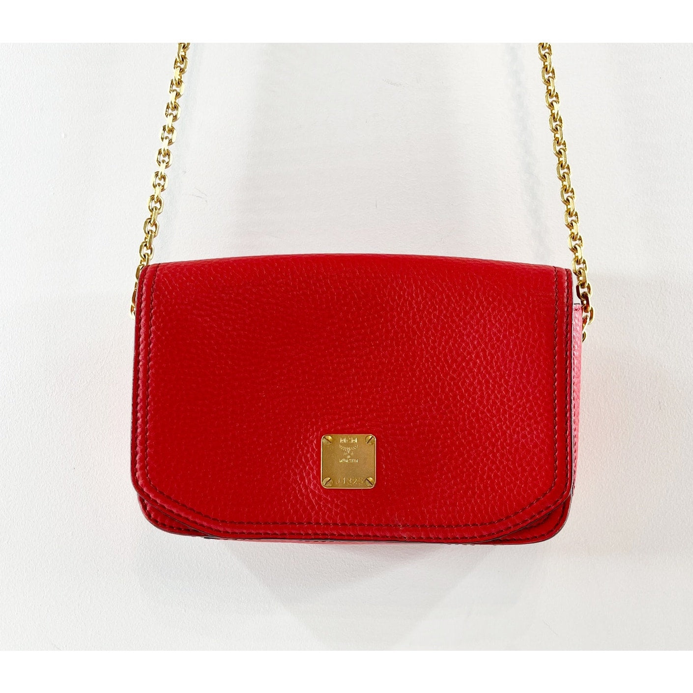 MCM Square Leather Crossbody Bag Gold Chain Flap Closure Red Gold